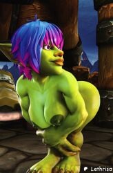 3d 3d_(artwork) areolae ass big_ass big_breasts blender female female_only goblin goblin_(warcraft) goblin_female green_skin hair lethrisa nipples purple_eyes solo voluptuous warcraft watermark world_of_warcraft