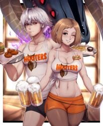 alcohol bare_shoulders beer breasts brown_hair cleavage clothes_writing collarbone cup female grin holding large_breasts midriff name_tag navel one_eye_closed red_eyes short_hair short_shorts shorts silver_hair smile uniform waitress
