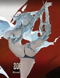 armor belly belly_button big_breasts blue_eyes blue_panties breasts dancer female flexible looking_at_viewer navel panties posing_for_picture pussy pussy_visible_through_panties pussy_visible_through_thong silver_and_blood thick_thighs thighs vagina vagina_visible_through_clothing white_hair