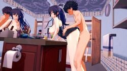 1boy 2girls 3d animated ass bathroom bent_over big_ass big_breasts black_hair blush bouncing_breasts breasts brown_hair busty caught censored closed_eyes doggy_style fat_ass female from_side highres huge_ass implied_ejaculation kamijou_touma kanzaki_kaori large_breasts legs long_hair male medium_hair misaka_mikoto moaning multiple_girls nipples open_mouth pointy_hair ponytail purple_eyes purple_hair sex sex_from_behind short_hair surprised tagme thighs to_aru_kagaku_no_railgun to_aru_majutsu_no_index vaginal_penetration video voluptuous