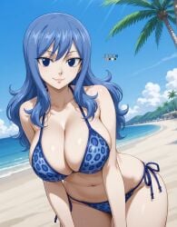 1girls ai_generated beach bikini blue_bikini blue_eyes blue_hair blue_sky breasts cleavage closed_mouth cloud eternoai fairy_tail female hair_between_eyes huge_breasts juvia_lockser large_breasts leopard_print long_hair looking_at_viewer navel ocean outdoors palm_tree print_bikini side-tie_bikini sky smile solo solo_female stomach string_bikini swimsuit thighs water