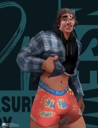 1boy abs actor celebrity cum cum_on_face earrings english_text gay gay_male hispanic hispanic_male latino male male_focus male_only michael_cimino navel pleasurepuppynsfw real_person shirt_lift solo solo_male text tongue tongue_out underwear yaoi