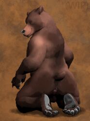 absurd_res amber_eyes anthro anus arkadios ass backsack balls bear brown_body brown_fur claws english_text feet fur genitals hi_res looking_at_viewer male male/male mammal pawpads pinup pose presenting presenting_hindquarters simple_background smile solo tail text toe_claws toes ursine