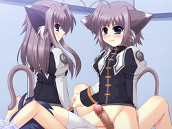 2girls animal_ears aria_liese blue_eyes blush bottomless cat_ears censored eternal_song lotte_liese lyrical_nanoha mahou_shoujo_lyrical_nanoha multiple_girls penis siblings tail