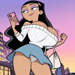 ai_generated bare_shoulders black_hair building cleavage danny_phantom from_below hairclip handbag huge_breasts long_hair nicktoons off_shoulder off_shoulder_sweater outdoors panties paulina_sanchez purse skirt smartphone stable_diffusion sweater upskirt