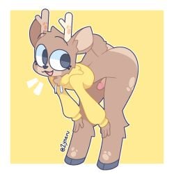 1:1 2024 anthro antlers artist_name ass balls bent_over black_eyes border brown_body brown_fur clothing cropped_hoodie deer disembodied_penis erection eyebrows femboy fur fur_markings genitals grey_hooves grey_penis hands_on_knees hands_on_legs happy hi_res hoodie hooves horn humanoid_genitalia humanoid_penis looking_back male mammal markings multicolored_body multicolored_fur oakley_(aiyhav_nouneim) open_mouth penis penis_on_butt raised_eyebrows short_tail simple_background solo standing tail tan_body tan_fur text topwear tuft two_tone_body two_tone_fur vein veiny_penis white_border yellow_background yellow_clothing yellow_hoodie yellow_topwear zyneru
