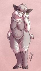 5_fingers anthro bovid breasts caprine character_name ear_piercing ear_tag elderly_anthro elderly_female english_text female fingers fur genitals grey_body grey_fur grey_wool hi_res hooves humanoid_hands kantachibli mammal michelle_(kantachibli) multicolored_body multicolored_fur navel nipples nude nude_anthro nude_female piercing sagging_breasts sheep smile solo standing stretch_marks tail text two_tone_body two_tone_fur vulva white_body white_fur white_wool wool_(fur)