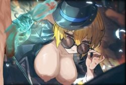 1girls areolae balls big_breasts blonde_hair breasts breasts_out chinese_clothes don_quixote_(limbus_company) edit erection eyebrows_visible_through_hair eyewear female female_focus hair_between_eyes handjob hat headwear huge_cock large_breasts limbus_company male nipples ouch penis photoshop project_moon smile sunglasses third-party_edit yellow_eyes