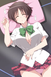 female black_hair breasts chuunibyou_demo_koi_ga_shitai! cum cum_in_mouth dress_shirt mikagami_sou no_bra open_clothes open_shirt panties pantyshot pillow plaid plaid_skirt school_uniform shirt short_hair skirt sleeping solo tsuyuri_kumin underwear