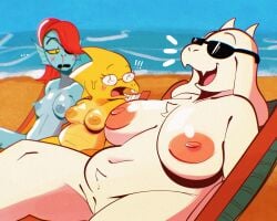 2025 3girls alphys anthro areolae beach big_breasts blue_skin blush breasts electricplasmid female female_focus female_only fish furry furry_female furry_only glasses looking_at_another looking_at_partner milf mother nipples nosebleed nude nude_female outdoor_nudity outdoors pussy toriel trio undertale undertale_(series) undyne vagina white_fur yellow_skin
