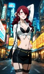 ai_generated alluring anime beautiful bra city cleavage confident fishnets hair_over_one_eye large_breasts lipstick makeup midriff miniskirt mitsuru_kirijo navel perky_breasts persona persona_3 posing prostitute prostitution purse red_eyes red_hair seductive sexy showing_off skimpy_clothes skinny slim_waist smile tied_shirt whored_out