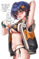 1girls :d @_@ absurdres arm_up armpits belle_(zenless_zone_zero) bikini bikini_top_lift black_bikini blue_hair blush bracelet breasts cleavage clothes_lift cowboy_shot earrings english_text female from_side green_eyes green_tea_(matchaistasty) hair_ornament highres jacket jewelry large_breasts looking_at_viewer navel necklace open_mouth short_hair side-tie_bikini_bottom simple_background smile solo speech_bubble stomach swimsuit white_background zenless_zone_zero