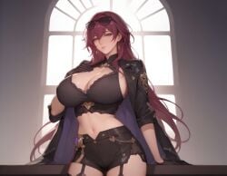 ai_generated big_breasts brown_hair cleavage garter_straps honkai:_star_rail kafka_(honkai:_star_rail) long_hair midriff sensual shorts shu sunglasses