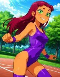 2025 ai_generated blushing_at_viewer cartoon_network dc_comics dc_super_hero_girls deviantart elryusam green_eyes_female gym_uniform looking_at_viewer meta not_porn orange_body orange_skin park_background purple_handwear purple_shoes red_eyebrows red_hair_female smile_at_viewer smiling_at_viewer starfire starfire_(comics) starfire_(teen_titans) teen_titans wet_body wet_clothes wet_skin