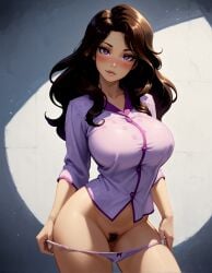 ai_generated brown_hair cana_alberona fairy_tail illustrious_(stable_diffusion) large_breasts long_hair looking_at_viewer pajamas payop posing pubic_hair purple_eyes pussy removing_panties solo uncensored