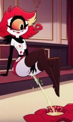 cyclops_girl hazbin_hotel niffty niffty_(hazbin_hotel) peeing pissing_on_floor red_hair short_skirt skirt_removed urine