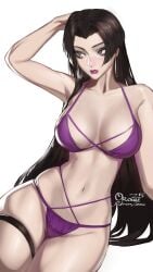 1girls arms_behind_head bikini bikini_bottom bikini_top black_hair breasts cleavage collarbone commentary earrings english_commentary female highres hoop_earrings jewelry large_breasts lipstick long_hair makeup marvel marvel_rivals navel orouu parted_bangs psylocke psylocke_(marvel_rivals) purple_bikini purple_eyes signature solo swimsuit thigh_strap very_long_hair x-men