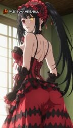 ass back bare_shoulders black_choker black_hair breasts cameltoe choker clock_eyes cowboy_shot cross-laced_clothes cross-laced_dress detached_sleeves dress female frilled_choker frilled_dress frilled_hairband frilled_sleeves frills from_behind gothic_lolita grin hairband heterochromia indoors large_breasts lolita_fashion lolita_hairband long_hair looking_at_viewer looking_back medium_breasts parted_lips red_dress red_eyes red_ribbon shoulder_blades smile solo spaghetti_strap symbol-shaped_pupils tokisaki_kurumi twintails window yellow_eyes