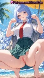 1girls 2025 ai_generated bangs barefoot beach blue_eyes blue_hair boku_no_hero_academia breasts clothing collared_shirt feet green_skirt hadou_nejire hi_res highres large_breasts long_hair looking_at_viewer my_hero_academia natsuyoru necktie nejire_hado no_panties outdoors palm_tree patreon paw_pose pleated_skirt pussy red_necktie school_uniform shirt short_sleeves skirt smile solo squatting thighs toes u.a._school_uniform vagina voluptuous voluptuous_female wet white_shirt