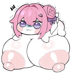 1girls :3 anger_vein blush_stickers bow breasts breasts_bigger_than_head breasts_bigger_than_torso chibi chibi_only chibi_style closed_mouth doro_(nikke) dorothy_(nikke) erotic_chibi expressionless female gigantic_breasts goddess_of_victory:_nikke hair_ribbon head_empty meme nekoyuu nipples pink_hair purple_bow purple_eyes short_hair solo white_ribbon