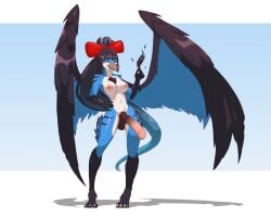 absurd_res animal_genitalia animal_penis anthro avian back_wings balls big_wings bird black_balls black_body black_feathers black_hair blue_body blue_feathers breasts chest_tuft claws equine_genitalia equine_penis feathers futa_anthro futanari genitals hair hand_on_hip hi_res holding_feather intersex intersex_anthro multicolored_body multicolored_feathers navel nipples nixmoonl nude nude_anthro penis red_bow shadow tail tuft white_body white_claws white_feathers wings