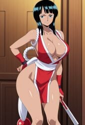 ai_generated areola_slip big_breasts clothing cosplay dark-skinned_female dark_skin mai_shiranui nico_robin nipples nipples_visible_through_clothing one_piece