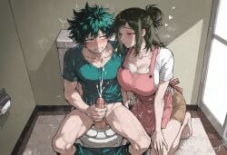 1boy 1girls ai_generated boku_no_hero_academia curvy ejaculation embarrassed female half-closed_eyes humiliation incest inko_midoriya izuku_midoriya jerking kizirugai light_smile looking_at_another looking_pleasured male male_masturbation mature_female midoriya_inko midoriya_izuku milf mother mother_and_son my_hero_academia on_toilet projectile_cum shorts_pull shy tagme toilet toned_male watching