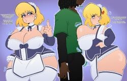 angry blonde_hair blue_eyes blush boner breasts breasts_bigger_than_head breasts_pressed_against_partner chubby chubby_female cleavage dark-skinned_male earrings erection eyeshadow faceless_male imminent_oral lori_loud maid maid_outfit maid_uniform middle_finger oc pawg pressed_against provocative simple_background straight taller_male the_loud_house thick_thighs thighhighs weener72
