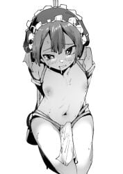 blush bondage bondage bound dark_skin female greyscale headphones loincloth monochrome navel nipples otoko_no_ko rope solo sweat tears