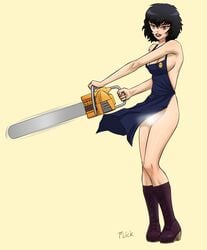 1girls apron black_hair black_lagoon boots breasts chainsaw cleavage flick lipstick naked_apron purple_eyes sawyer_the_cleaner scar short_hair simple_background solo weapon