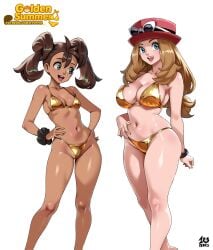 2girls armwear big_breasts bikini bikini_bottom bikini_top blonde_hair blue_eyes bottomwear brown_hair cleavage female female_only game_freak gold_bikini golden_week golden_week_bikini hair hand_on_hip hat headwear hips kyoffie long_hair pokemon pokemon_xy scrunchie serena_(pokemon) shauna_(pokemon) small_breasts smile sunglasses sunglasses_on_hat swimwear topwear twintails
