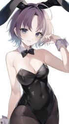 ahoge asakura_toru bare_arms bare_shoulders belly_button_visible_through_clothing black_leotard black_pantyhose blue_eyes blush breasts bunny_ears bunnysuit cleavage detached_collar gradient_hair idolmaster idolmaster_shiny_colors leotard medium_breasts multicolored_hair pantyhose parted_lips purple_hair short_hair shu10 smile strapless_leotard wrist_cuffs