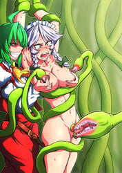 1futa 1girls blush breast_sucking futa_sans_balls futanari green_hair grey_hair highres intersex maid multiple_girls nipples penis_milking plant sakuya_izayoi sweat team_shanghai_alice tentacle tentacle_pussy tentaclejob touhou yuka_kazami yuuka_kazami