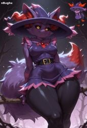 1girls ai_generated animal_ear_fluff animal_ears anthro black_sclera black_skin braixen breasts curvy dress female fluffy_tail fox_ears fox_girl fox_tail fur furry furry_female fusion highres medium_breasts mismagius nbaghu oerba_yun_fang pink_fur pokemon pokemon_(species) pokemon_fusion pokemon_infinite_fusion purple_fur red_fur short_dress sleeveless solo solo_female thick_thighs wide_hips yellow_eyes