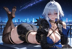 1girl ai_assisted ai_generated artist_name ass bangs black_choker black_legwear blue_hair blush breasts chin_rest choker cityscape cleavage collarbone curvaceous curvy curvy_female curvy_figure earrings eyebrows_visible_through_hair feet feet_up female galbrena_(wuthering_waves) gloves hair_between_eyes jewelry large_breasts legs_up looking_at_viewer lying midriff miyuai night night_sky on_stomach purple_eyes shooting_star short_hair silver_hair sky smile solo star_(sky) starry_sky sweat tacet_mark_(wuthering_waves) the_pose thick thick_ass thick_butt thick_hips thick_legs thick_thighs thigh_strap thighhighs thighs voluptuous voluptuous_female wide_hips wide_thighs wuthering_waves