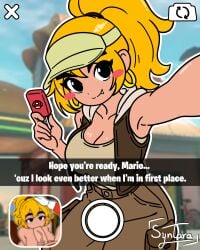 anthro baggy_pants big_breasts blonde_hair blush camera_view cute_fang female female female_only flirting gold_hoop_earrings goomba goombella hoodie iamsyntara long_hair looking_at_viewer mario mario_(series) mario_kart_world mature mature_female nintendo pink_body ponytail selfie simple_background simple_coloring smile solo solo_female super_mario_bros. text visor_cap