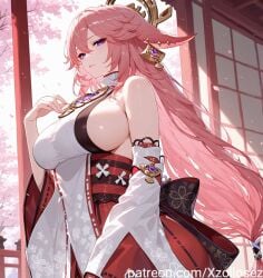 ai_generated genshin_impact patreon patreon_username pink_hair purple_eyes xzollosez yae_miko