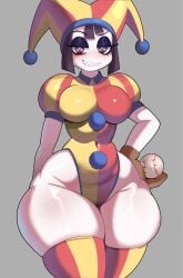 baseball_(ball) big_breasts black_eyeshadow breasts evil_pomni_(the_amazing_digital_circus) eyeshadow glitch_productions half-closed_eyes jester pomni pomni_(the_amazing_digital_circus) smooth_skin the_amazing_digital_circus thick_thighs thunder_thighs ytrall