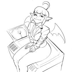 1boy 1femboy artist_request ass ass balls big_ass big_butt blazer bottomless bottomless_male bubble_ass bubble_butt crossdressing femboy humanoid_pointy_ears incubus jacket jin_(punch_punch_forever!) line_art line_art male male_focus male_only membrane_(anatomy) membranous_wings necktie photocopier photocopying_butt pointy_ears punch_punch_forever! smug smug_face smug_grin smug_smile solo solo_focus solo_male tie wide_hips wings