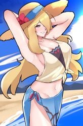 1340smile 1girls absurdres armpits arms_up beach bikini bikini_under_clothes blonde_hair blue_sarong blue_sky breasts cleavage closed_mouth cloud collarbone crop_top cynthia_(pokemon) cynthia_(summer_2025)_(pokemon) day female flower grey_eyes grin hair_over_one_eye hat hat_flower highres large_breasts long_hair navel nintendo outdoors pokemon pokemon_masters_ex sarong shirt sky smile solo sun_hat swimsuit tied_shirt very_long_hair