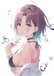 ahoge asakura_toru back bare_arms bare_shoulders bikini black_bikini blue_eyes blush breasts choker closed_mouth ear_piercing gradient_hair hatsu_(first_snow) idolmaster idolmaster_shiny_colors jacket jacket_partially_removed lipstick medium_breasts multicolored_hair purple_hair short_hair shoulder_blades sideboob smile upper_body white_jacket