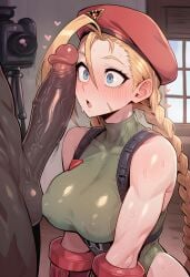 1boy 1girls ai_generated bedroom blonde_hair blue_eyes braided_hair cammy_white dark-skinned_male ded_173 huge_cock indoors interracial looking_at_penis penis_awe street_fighter surprised