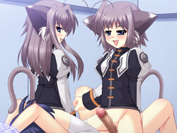 animal_ears aria_liese blue_eyes blush bottomless cat_ears censored cute_fang eternal_song lotte_liese lyrical_nanoha mahou_shoujo_lyrical_nanoha multiple_girls penis siblings tail