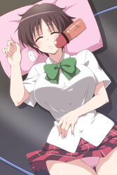 female black_hair censored chuunibyou_demo_koi_ga_shitai! dress_shirt mikagami_sou panties pantyshot penis pillow plaid plaid_skirt school_uniform shirt short_hair skirt sleep_molestation sleeping solo tsuyuri_kumin underwear