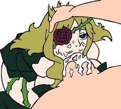 1boy 1girls arms_behind_back blonde_hair breasts clothed_female_nude_male cum eye_patch facial fairy_tail fellatio female flower forced hair hair_grab imitatia_(fairy_tail) large_breasts long_hair michelle_lobster oral penis rose