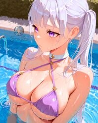 2025 ai_generated anime black_clover crunchyroll instagram manga noelle_silva not_porn pool_background purple_bikini purple_eyes_female sad_face sad_female unknown_artist wet_bikini wet_body wet_skin white_hair_female
