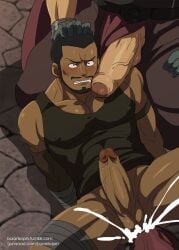 3boys anal bara beard black_hair blush burankoprn buzz_cut commentary covered_nipples cum cum_in_ass cum_overflow dark-skinned_male dark_skin english_commentary erection facial_hair foreskin gumroad_username hand_on_another's_head highres huge_cock kuroinu_~kedakaki_seijo_wa_hakudaku_ni_somaru~ male_focus male_penetrated moustache multiple_boys pectoral_cleavage pectorals penis penis_on_shoulder short_hair solo_focus tank_top testicles tumblr_username variant_set very_short_hair volt_(kuroinu) yaoi