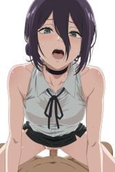 1boy :o ai_generated akinoya bare_shoulders black_choker black_skirt breasts censored chainsaw_man choker clothes_lift cowgirl_position female hair_bun highres looking_at_viewer male miniskirt mosaic_censoring open_mouth penis pussy reze_(chainsaw_man) sex shirt simple_background skirt skirt_lift sleeveless sleeveless_shirt small_breasts straddling straight vaginal_penetration white_background white_shirt