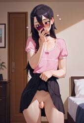 1boy 1femboy 2025 ai_generated alternate_version_available balls bed bedroom crossdressing femboy feminine_male girly indoors kirito no_panties penis pink_top pink_topwear potatotimothy selfie skirt skirt_lift skirt_up sword_art_online testicles top topwear trap