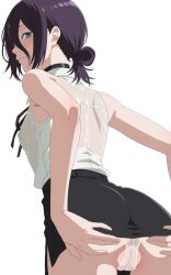 ai_generated akinoya ass ass_focus bare_shoulders black_choker black_skirt breasts cameltoe chainsaw_man choker clothes_lift female hair_bun highres looking_at_viewer miniskirt panties partially_visible_vulva pussy reze_(chainsaw_man) shirt simple_background skirt skirt_lift sleeveless sleeveless_shirt small_breasts underwear white_background white_panties white_shirt